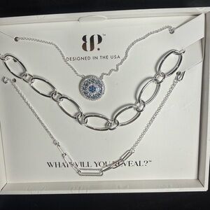 bp Silver Layered Necklace Set with Blue Pavé Circle Pendant and Oval Links